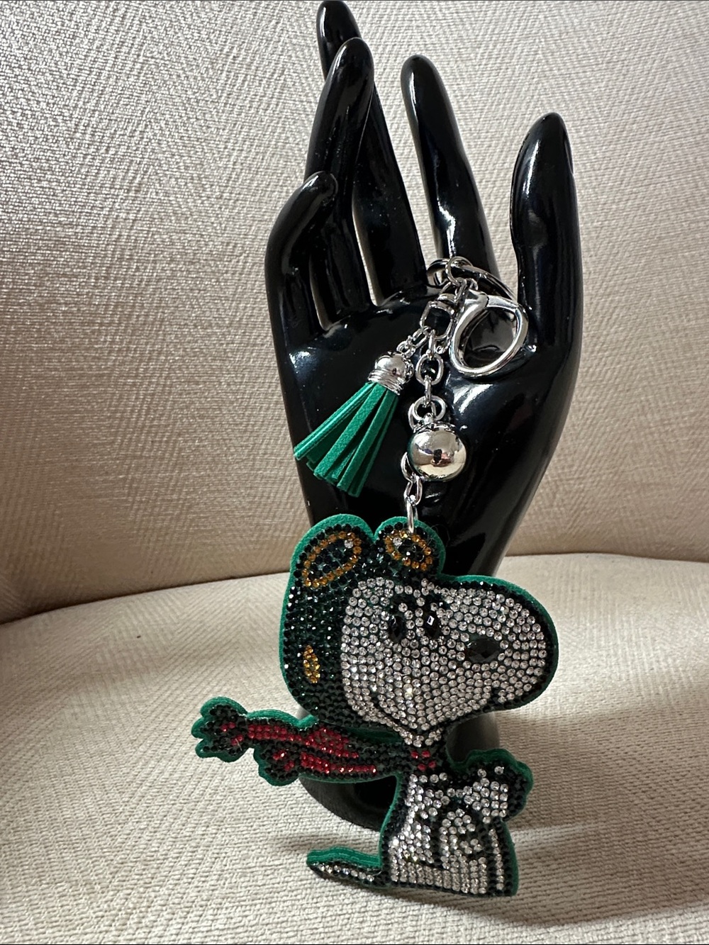 Green Rhinestone Snoopy Character Keychain with Tassel